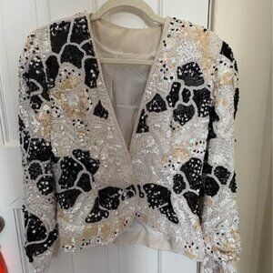 Vintage black and white sequin evening jacket, Wedding Formal Blazer 80's Disco